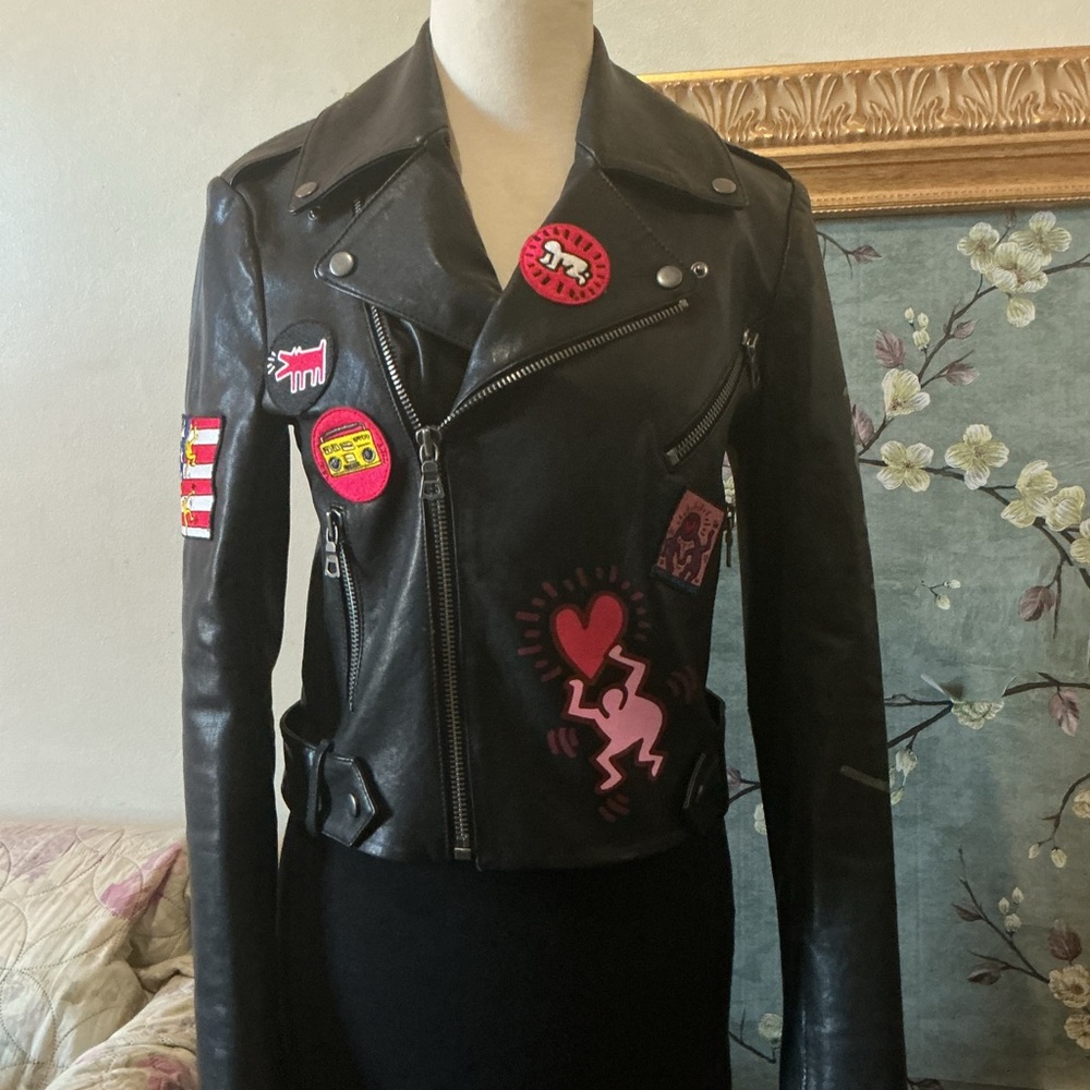 Alice + Olivia Black Keith Haring Leather Jacket 2019 Rare!